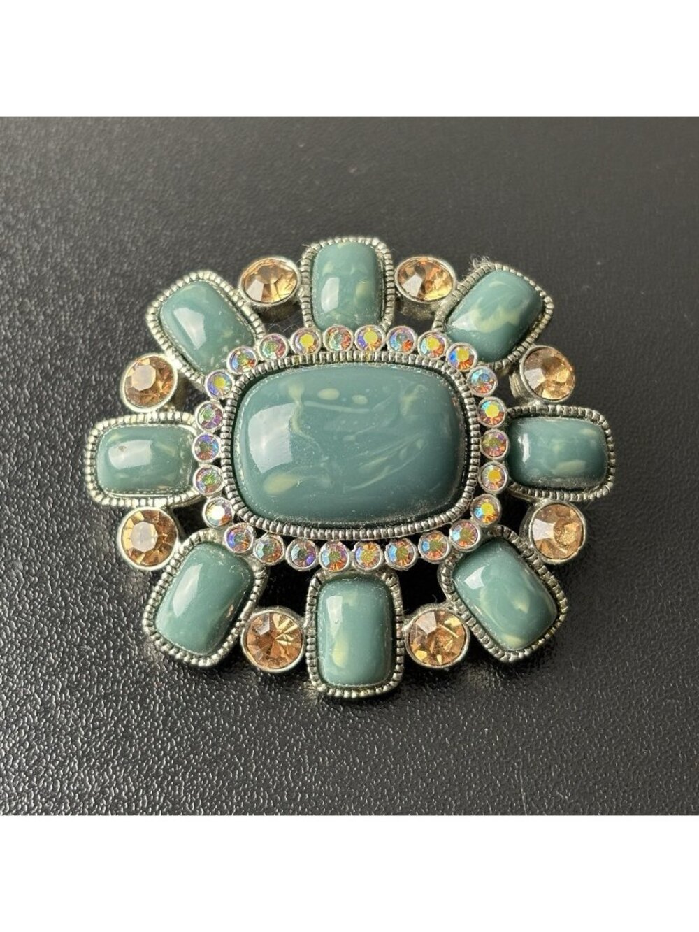 Joan Rivers Jade Green and Amber Tone AB Stone Brooch Pin Silver-tone
